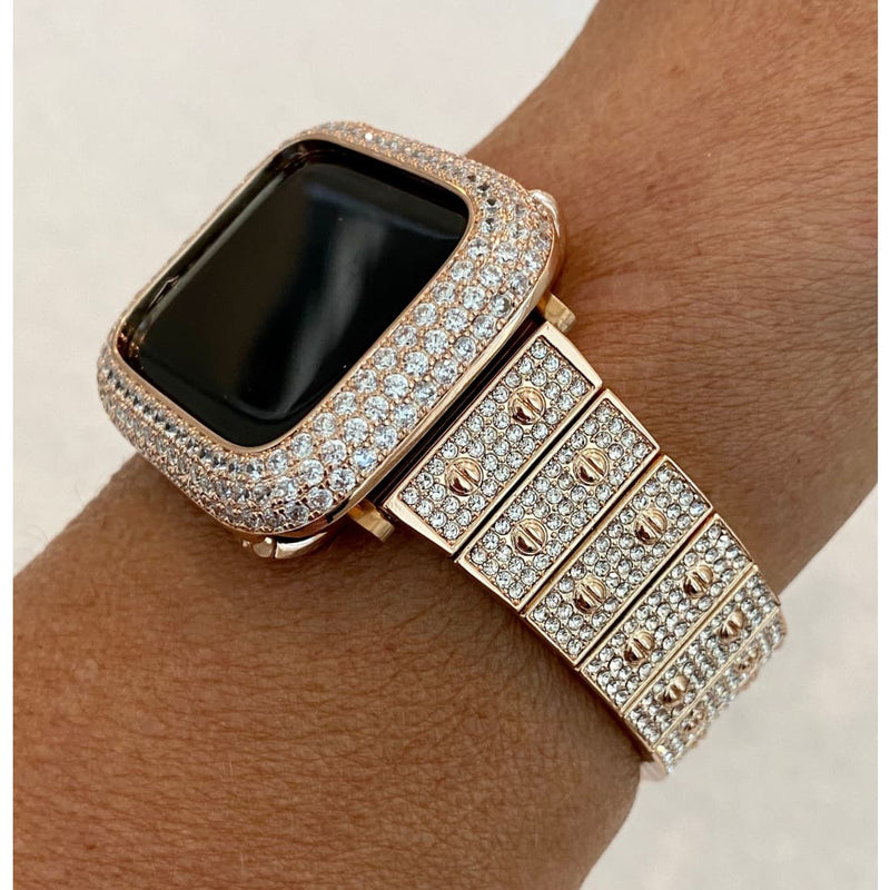 Series 7-8 Rose Gold Apple Watch Band Swarovski Crystal 41mm 45mm & or Lab Diamond Bezel Cover Bling for Smartwatch