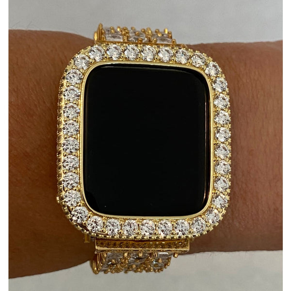 Series 7-8 Yellow Gold Apple Watch Bezel Cover 3.5mm Lab Diamond Case Bumper 41mm 45mm Iwatch Band Bling