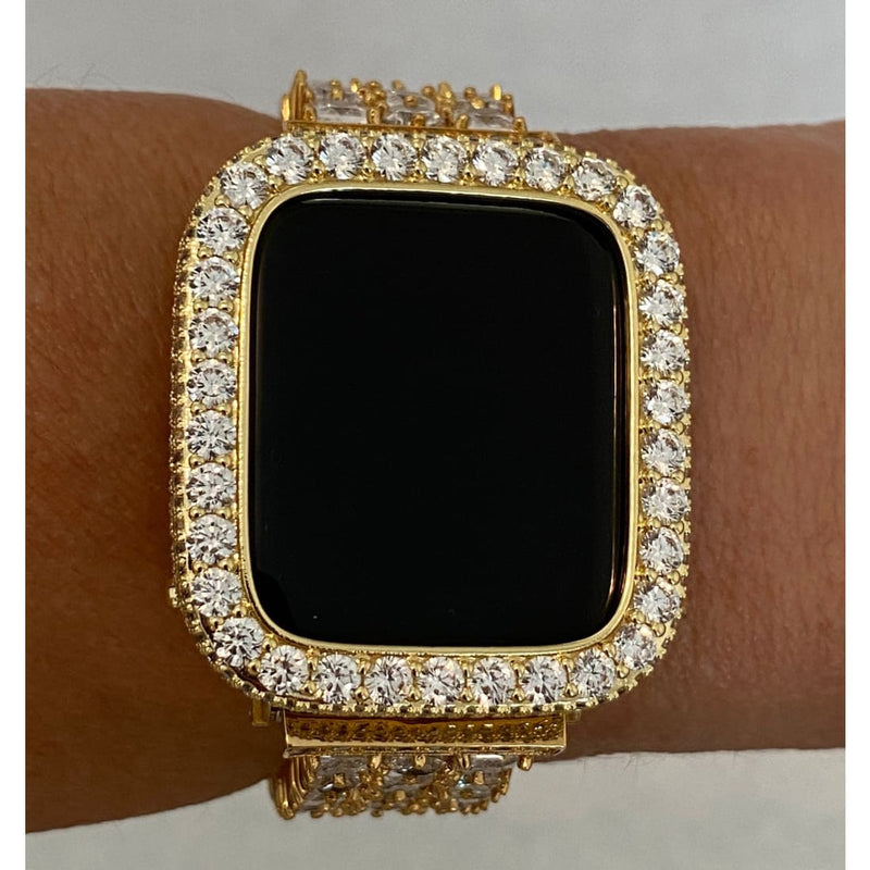 Series 7-8 Yellow Gold Apple Watch Bezel Cover 3.5mm Lab Diamond Case Bumper 41mm 45mm Iwatch Band Bling