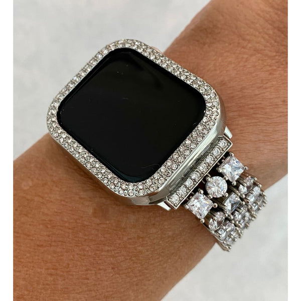 Series 7 Apple Watch Band 41mm 45mm Silver Swarovski Crystals & or Silver Apple Watch Case Cover Bumper Bling