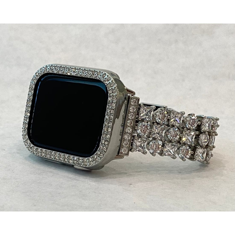 Series 7 Apple Watch Band 41mm 45mm Silver Swarovski Crystals & or Silver Apple Watch Case Cover Bumper Bling
