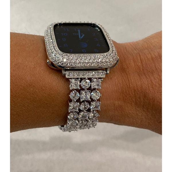 Series 7 Apple Watch Band Woman Silver and or Apple Watch Cover Lab Diamond Bezel Bling 38mm 40mm 41mm42mm 44mm 45mm