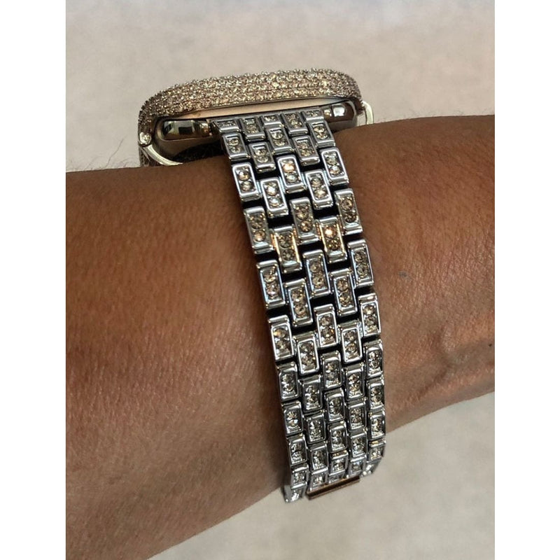 Series 7 Silver Apple Watch Band Swarovski Crystals 38mm-45mm & or 2.5mm Lab Diamond Bezel Cover, Smartwatch Bumper Bling
