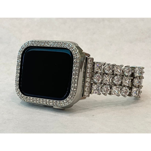 Series 7 White Gold Apple Watch Band 41mm 45mm Swarovski Crystals & or Silver Apple Watch Case Cover Bumper Bling