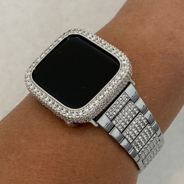 Series 7 White Gold Apple Watch Band Silver 41mm 45mm Series 8 & or Smartwatch Lab Diamond Bezel Case Cover 38mm-45mm