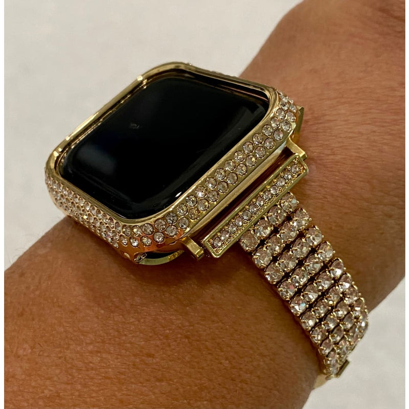 Series 8 Apple Watch Band 41mm 45mm Gold & or Swarovski Crystal Bezel Case Cover Bumper Bling