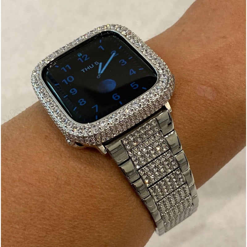 Series 8 Apple Watch Band Series 41mm 45mm Silver Swarovski Crystals & or Lab Diamond Bezel Cover Smartwatch Bumper Bling 38 40 42 44mm