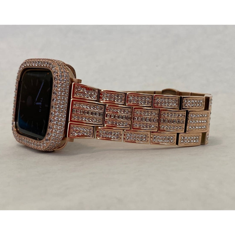 Series 8 Apple Watch Band 41mm 45mm Swarovski Crystals & or Rose Gold Lab Diamond Pave Bezel Cover 38mm-44mm Series 1-8