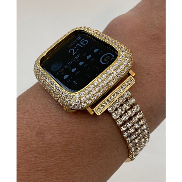 Series 8 Gold Apple Watch Band Women 38 40 41 42 44 45mm Crystal & or Pave Lab Diamond Bezel Cover Smartwatch Bling