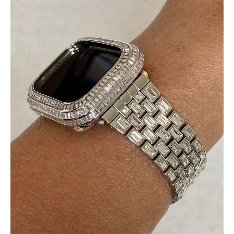 Silver Apple Watch Band Silver 40mm 41mm 44mm 45mm & or White Gold Lab Diamond Baguette Bezel Cover Smartwatch Bumper Bling Series 4-8 SE