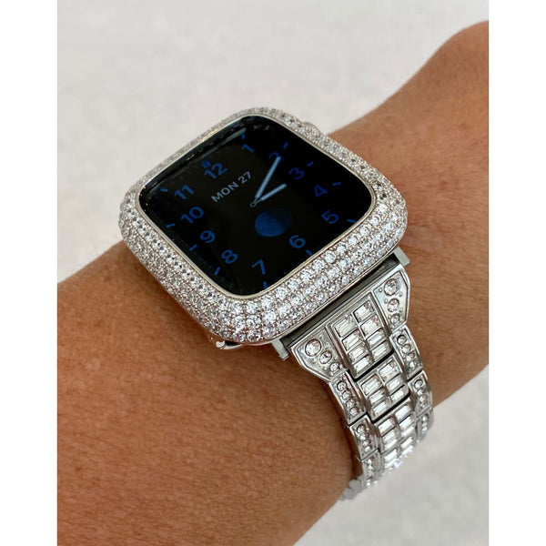 Silver Apple Watch Band 41mm 45mm 38mm 40mm 42mm 44mm Swarovski Crystals & or White Gold Pave Lab Diamond Bezel Case Cover Series 7-8
