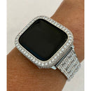 Silver Apple Watch Band Swarovski Crystal 38 40 41 42 44 45mm & or Lab Diamond Bezel Cover Bling Series 7, 8