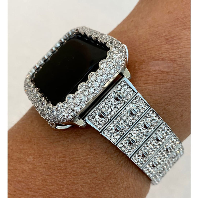 Silver Apple Watch Band Swarovski Crystals 38mm 40mm 41mm 42mm 44mm 45mm & or Lab Diamond Bezel Cover Smartwatch Bumper Bling Series 1-8 SE