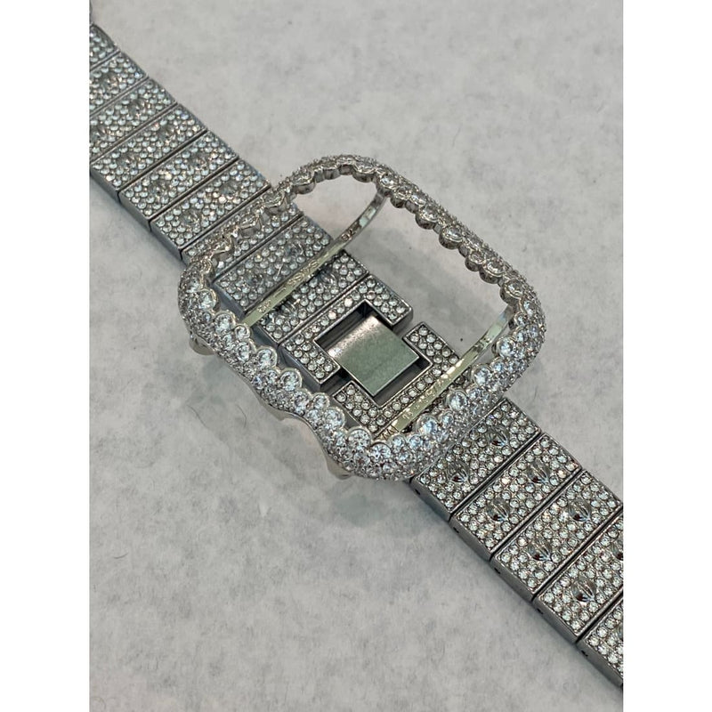 Silver Apple Watch Band Swarovski Crystals 38mm 40mm 41mm 42mm 44mm 45mm & or Lab Diamond Bezel Cover Smartwatch Bumper Bling Series 1-8 SE