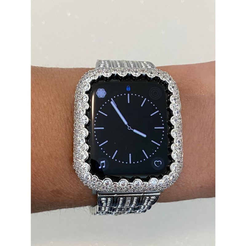 Silver Apple Watch Bezel Cover,  Bling Crystal Iwatch Case 38mm 40mm 41mm 42mm 44mm 45mm Series 1,2,3,4,5,6,7,8 SE