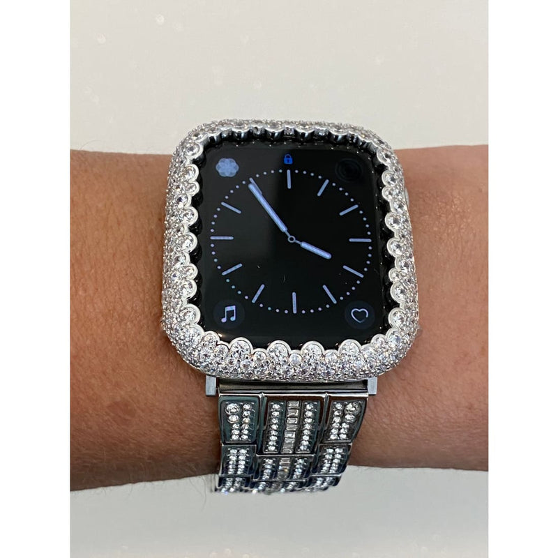 Silver Apple Watch Case Cover Women Lab Diamond Bezel Bling Crystal Iwatch Band Case Bling Series 7-8 41mm 45mm