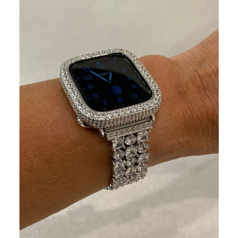 White Gold Apple Watch Band Silver Woman Princess Stones Apple Watch Bezel Cover Lab Diamonds 38mm 40mm 41mm 42mm 44mm 45mm