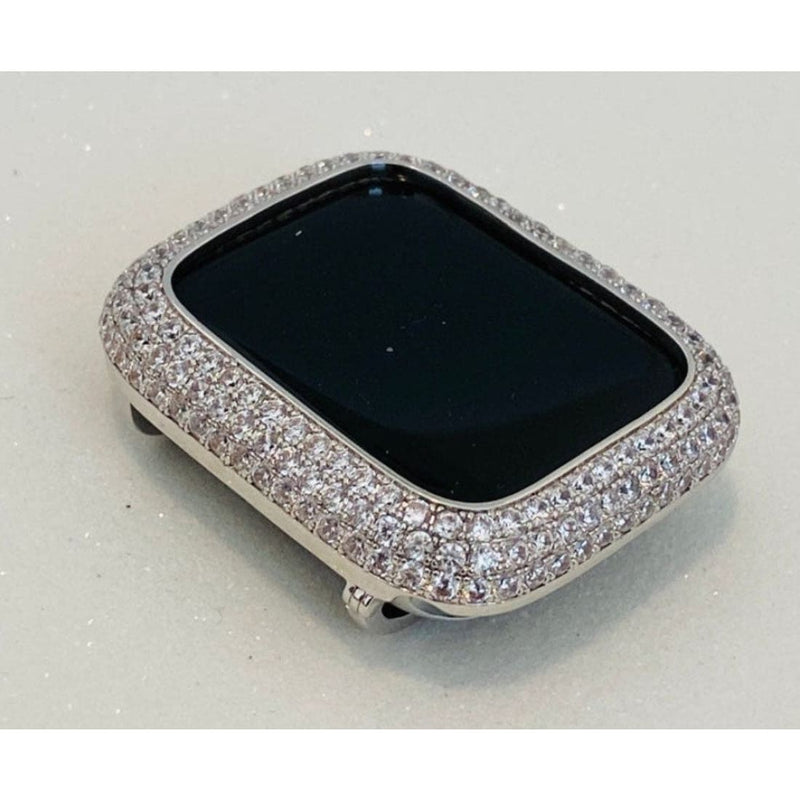 White Gold Apple Watch Band Women Silver and or Lab Diamond Apple Watch Cover Bezel Bling Iwatch Case 38 40 41 42 44 45mm Series 7,8